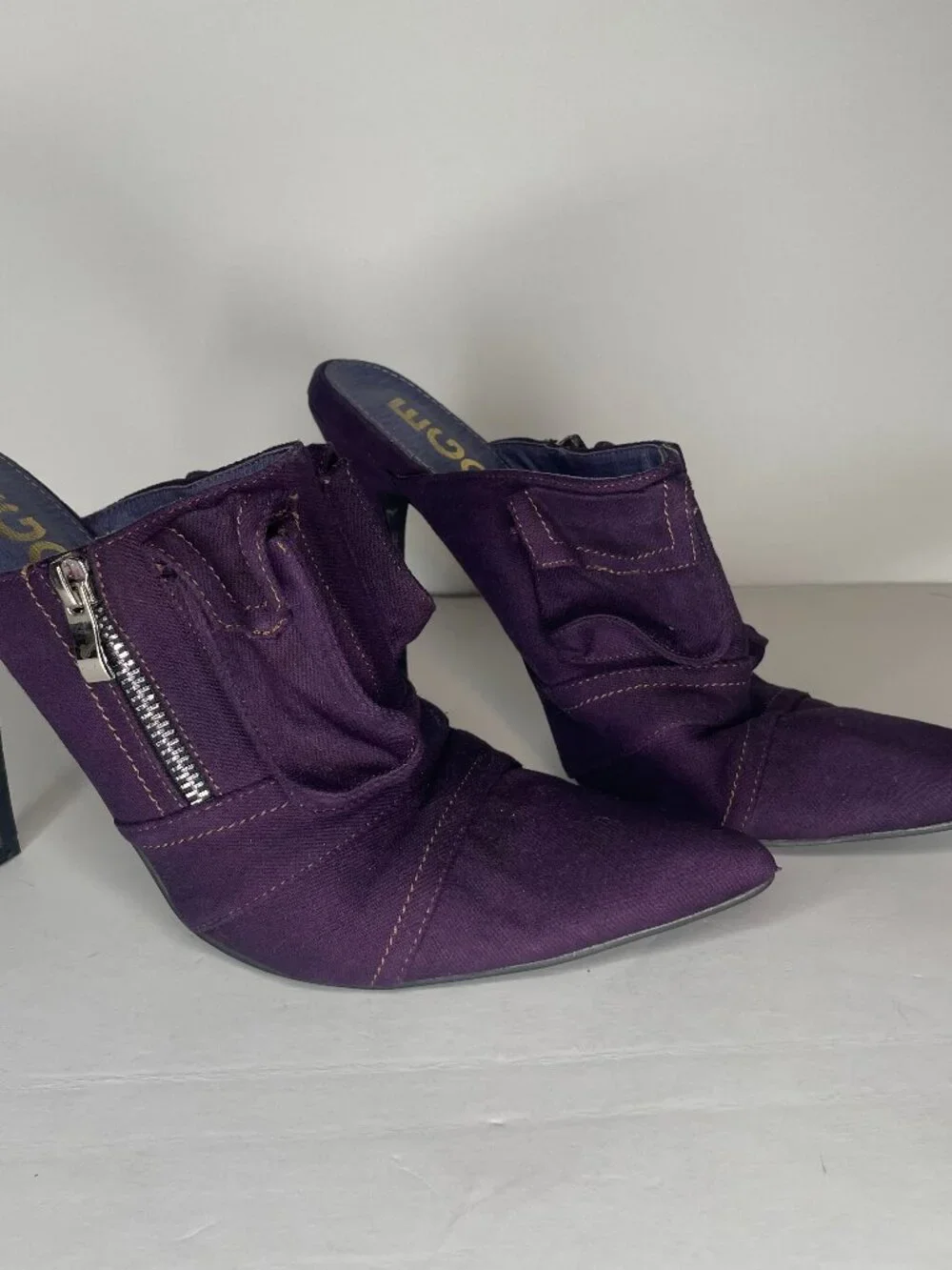 EGO Y2K Baddie Purple Denim Americana Pointed Toe Zipper Stiletto Mules Size 9